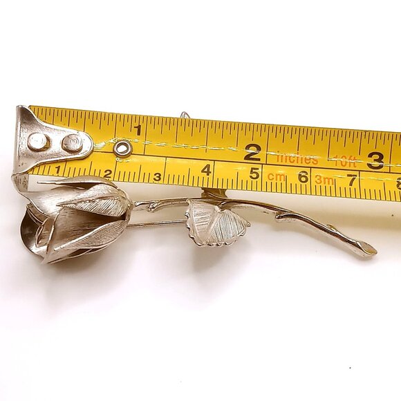 Vintage Giovanni Brooch Silver Tone Rose Textured Detail Leaves Stem Design Pin - Picture 12 of 12